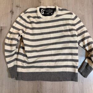 Vintage 90s/Y2K Gap Striped Knit Crewneck Sweater - Gray & Cream - XL